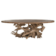 Oldalnézet – organikus, szoborszerű teakfa alap és ovális lap.