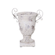 Kézzel készült, vintage stílusú, 27 cm magas krémszínű kerámia kaspó fém füllel, antikolt felülettel.