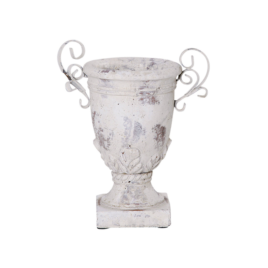 Kézzel készült, vintage stílusú, 27 cm magas krémszínű kerámia kaspó fém füllel, antikolt felülettel.