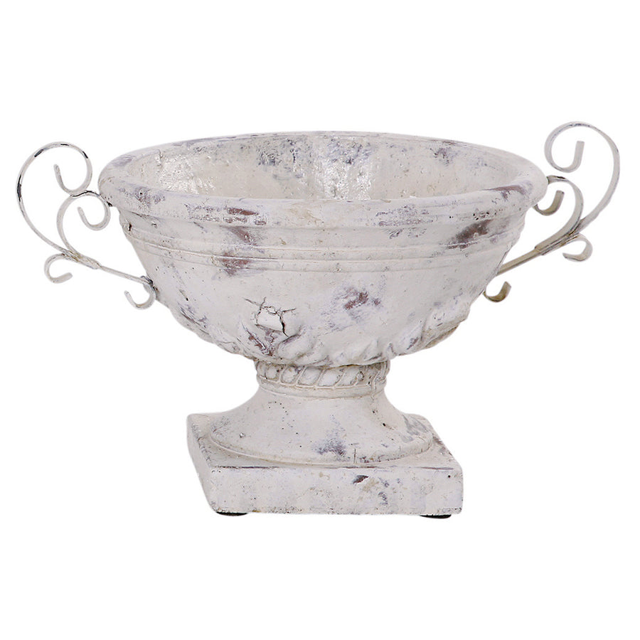 Krémszínű kerámia kaspó 35 cm-es méretben, díszes fém fogantyúkkal és rusztikus stílussal – a VALO kollekció vintage hangulatú darabja.