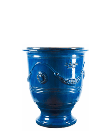 Provanszi stílusú, kék mázas anduze kerámiakaspó a Vase d' Anduze Emaillés Tradition kollekcióból, Medici motívummal és fényes felülettel.