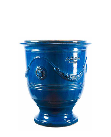 Provanszi stílusú, kék mázas anduze kerámiakaspó a Vase d' Anduze Emaillés Tradition kollekcióból, Medici motívummal és fényes felülettel.