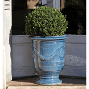 Levendulakék színű anduze kaspó zöld gömb bukszussal.