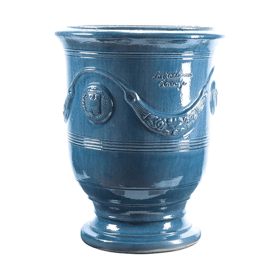 Provanszi stílusú, levendulakék mázas anduze kerámiakaspó a Vase d' Anduze Emaillés Tradition kollekcióból, Medici motívummal és fényes felülettel.