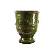 Provanszi stílusú, zöld mázas anduze kerámiakaspó a Vase d' Anduze Emaillés Tradition kollekcióból, Medici motívummal és fényes felülettel.