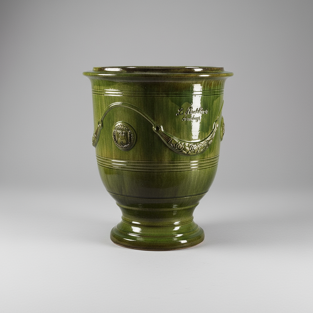 Provanszi stílusú, zöld mázas anduze kerámiakaspó a Vase d' Anduze Emaillés Tradition kollekcióból, Medici motívummal és fényes felülettel.