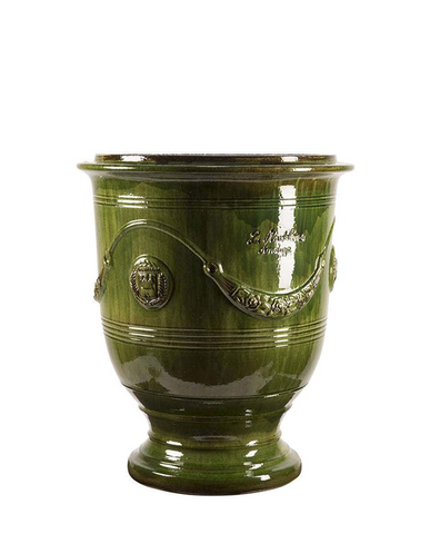 Provanszi stílusú, zöld mázas anduze kerámiakaspó a Vase d' Anduze Emaillés Tradition kollekcióból, Medici motívummal és fényes felülettel.