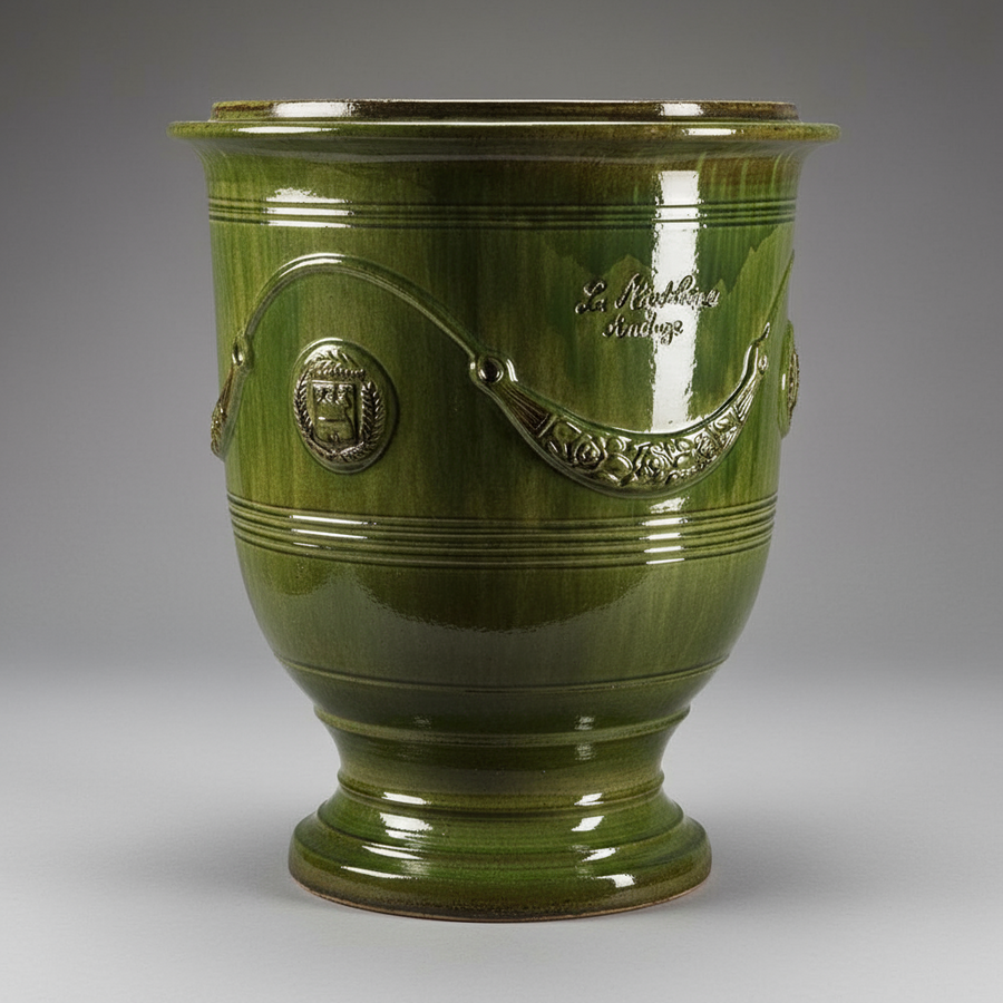 Zöld mázas anduze kerámiakaspó a Vase d' Anduze Emaillés Tradition kollekcióból, Medici stílusú díszítéssel és fényes felülettel.
