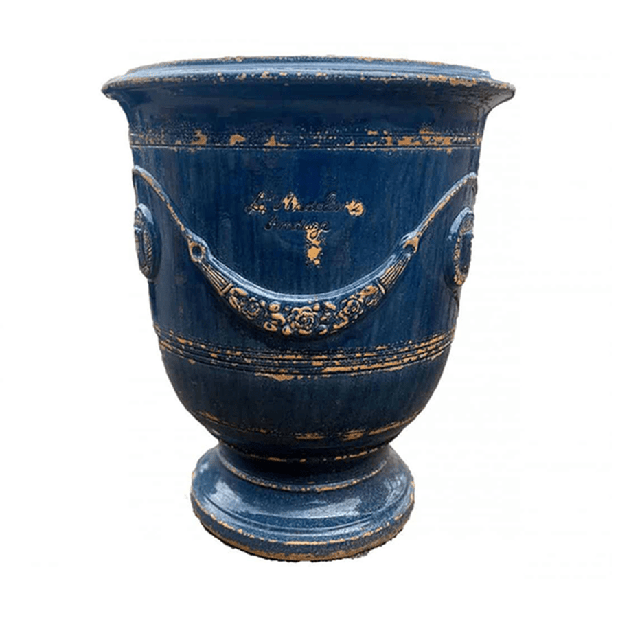 Provanszi stílusú, antik kék mázas anduze kerámiakaspó a Vase d' Anduze Vieillis Tradition kollekcióból, Medici motívummal és fényes felülettel.