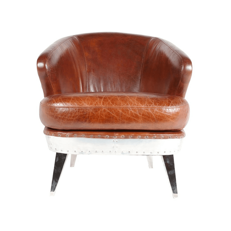 VEGAS AERO fotel elölnézeti kép – dohánybarna bőr és alumínium kombinációja