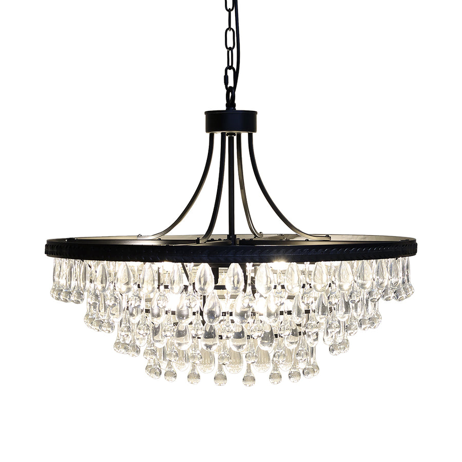 Versailles üvegcsillár 70 cm, kristályprizmákkal és fekete vázzal, bekapcsolt világítással