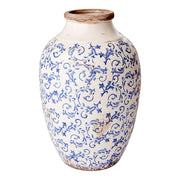 VICTORIA kerámia váza – vintage stílusú, kék növényi motívumokkal díszített, antikolt mázas váza, 39 cm magas, a Vintage Garden kollekcióból