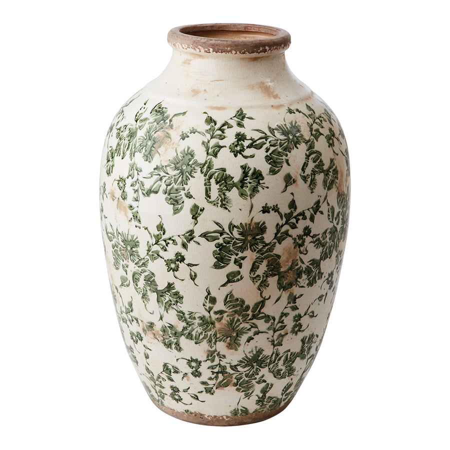 VICTORIA kerámia váza – vintage stílusú, zöld leveles mintával díszített, antik hatású dekorációs váza, 39 cm magas