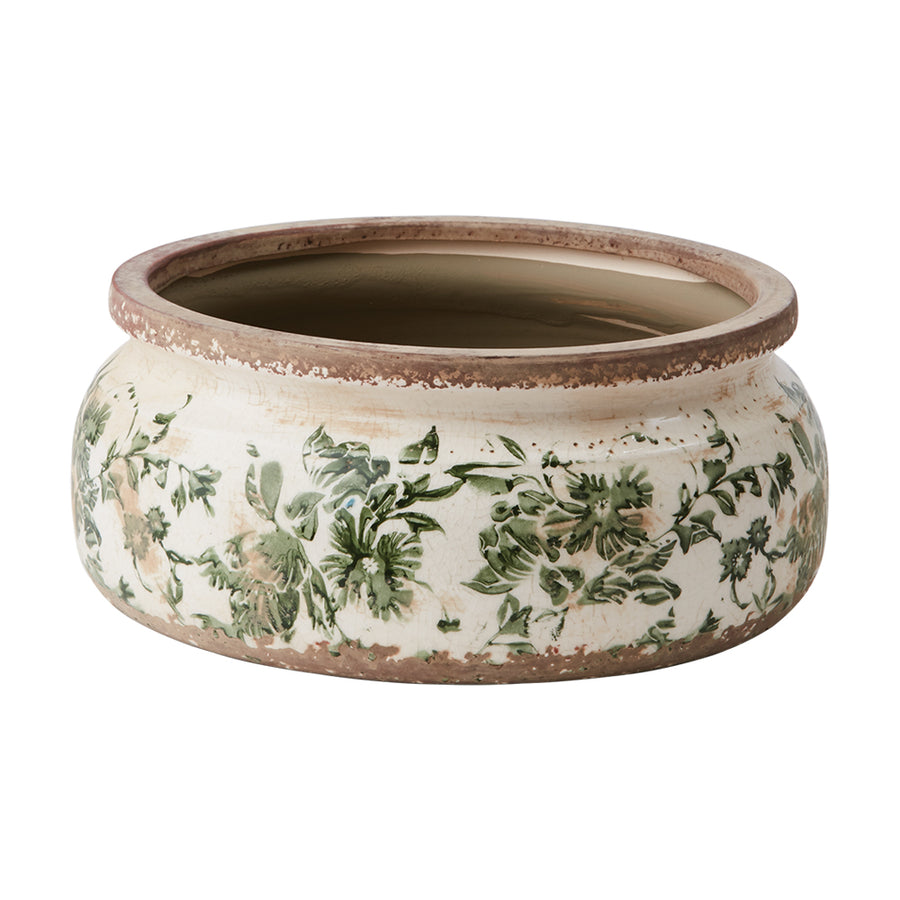 VICTORIA kerámia kaspó – antikolt mázas, zöld növényi motívumokkal díszített, vintage stílusú, 23 cm átmérőjű kaspó a Vintage Garden kollekcióból