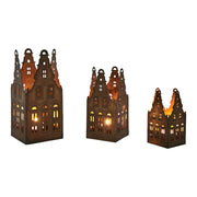 Rézszínű fémből készült, 3 darabos, házikó formájú lámpásszett.