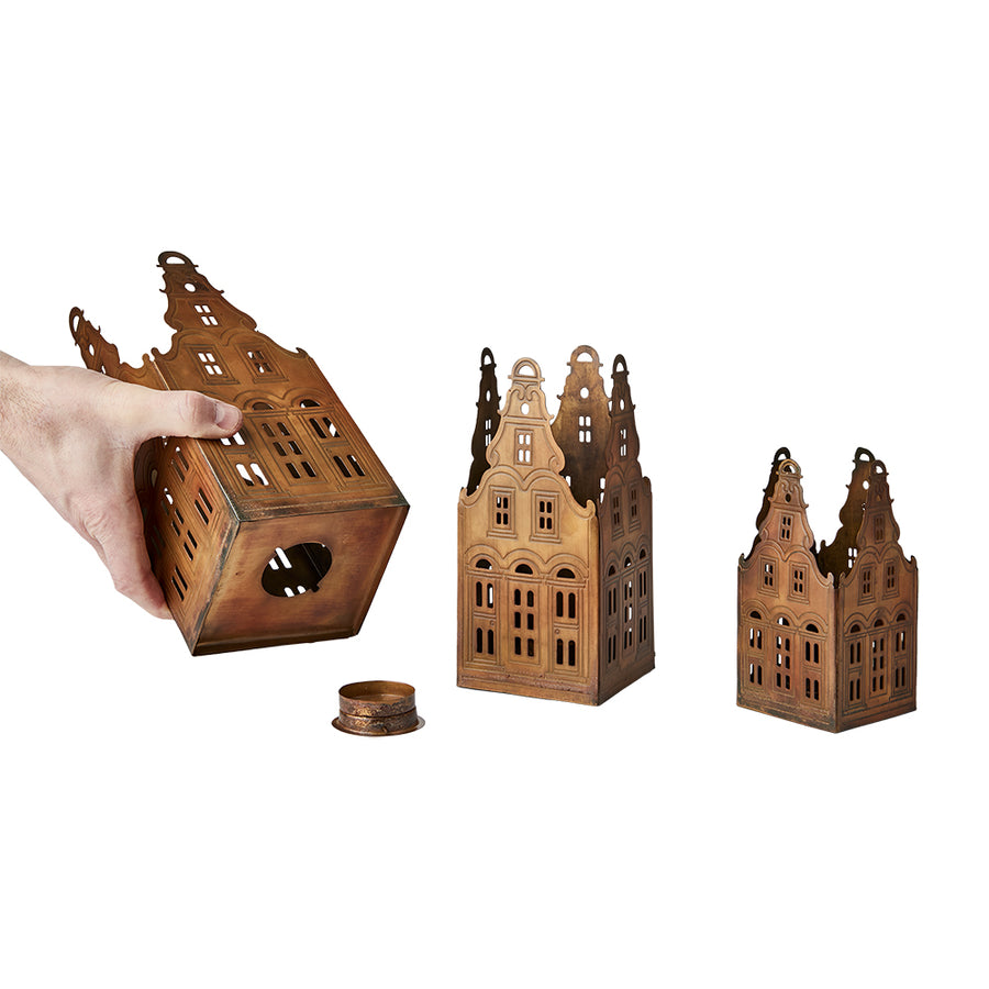 Rézszínű fémből készült, 3 darabos, házikó formájú lámpásszett.