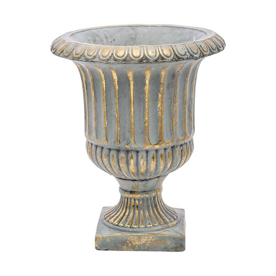 Rusztikus, antikolt felületű, kannelúrás díszítésű, arany-szürke színű cement kaspó.