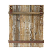 Újrahasznosított fából és bőrből készült, natúrszínű, falra helyezhető üzenőtábla.