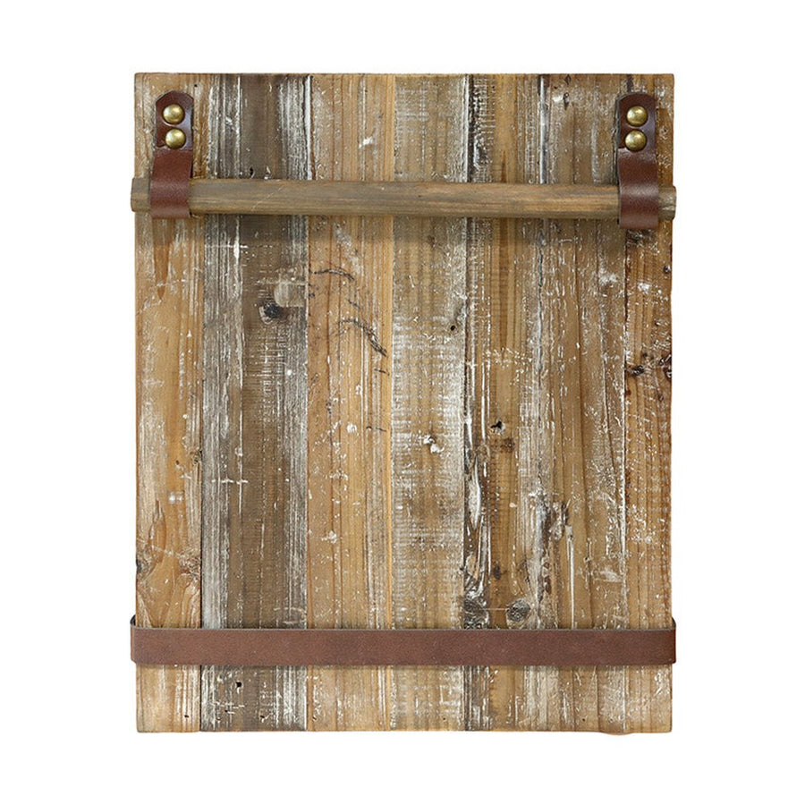 Újrahasznosított fából és bőrből készült, natúrszínű, falra helyezhető üzenőtábla.
