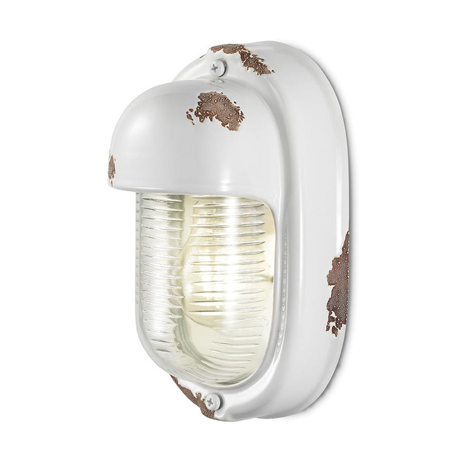 Antikolt felületű mázas kerámiából és bordázott üvegből készült kézműves falilámpa.