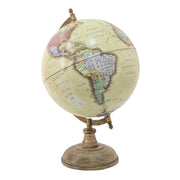 Antik sárga alapszínű, vintage stílusú dekor földgömb, mangófa talapzaton.