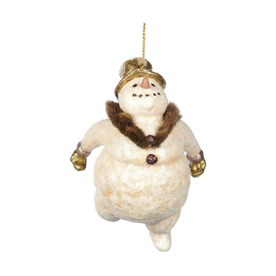 Aranyszínű kesztyűt és cilindert viselő, krémszínű hóember formájú karácsonyfadísz.