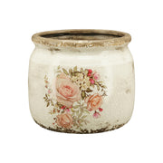 Antikolt mázas kaspó rózsamintával – klasszikus, rusztikus stílusban, rózsaszín és barack színű virágokkal díszítve

