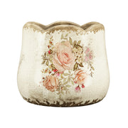 Rózsamintás kerámia kaspó – 13 cm átmérőjű, 11 cm magas, antikolt mázas kaspó romantikus vidéki vintage stílusban, hullámos peremmel