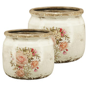 Két rózsamintás kerámia kaspó egymás mellett – különböző méretű, vintage stílusú darabok beltéri vagy fedett kültéri használatra