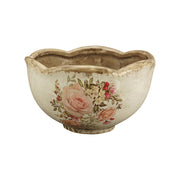 Vintage Garden kerámia kaspó enyhe oldalnézetből – rózsaszín virágmotívummal, repesztett mázas felülettel, vidéki hangulatban