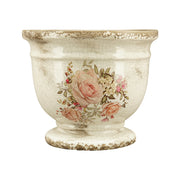 Rózsamintás kerámia kaspó – 17 cm átmérőjű, 14 cm magas, talpas kialakítású, antikolt mázas kaspó a romantikus Vintage Garden kollekcióból