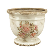 Vintage kerámia kaspó rózsamintával – klasszikus, elegáns forma repesztett mázzal és finoman antikolt peremmel