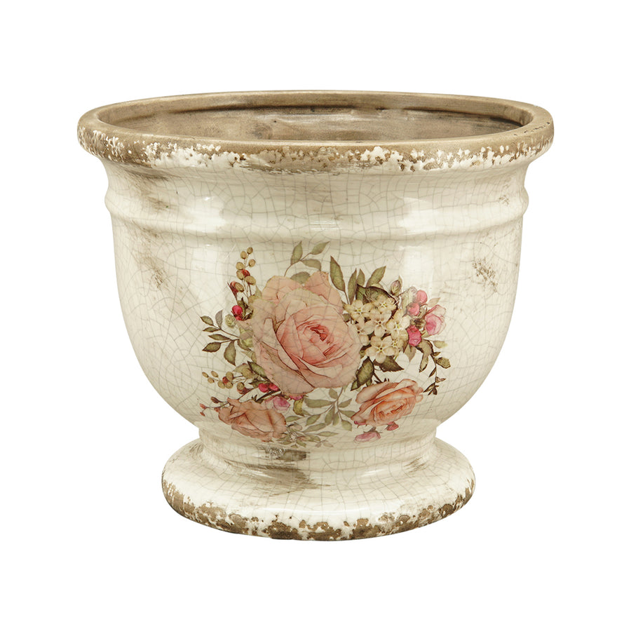 Vintage kerámia kaspó rózsamintával – klasszikus, elegáns forma repesztett mázzal és finoman antikolt peremmel