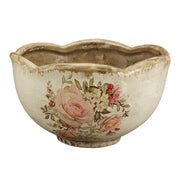 Vintage Garden kerámia kaspó oldalnézetből – rózsaszín és barack színű virágmintával, repesztett mázas felülettel