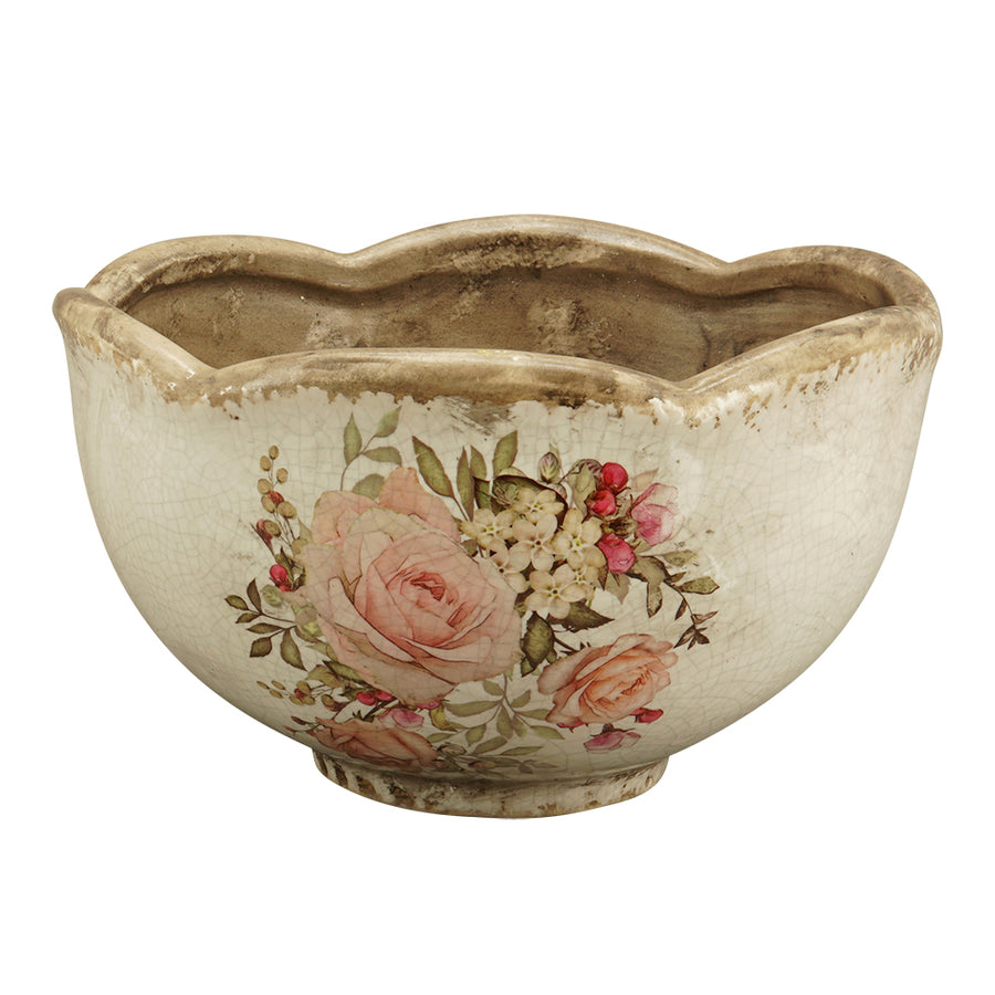 Vintage Garden kerámia kaspó oldalnézetből – rózsaszín és barack színű virágmintával, repesztett mázas felülettel