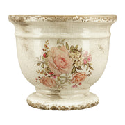 Rózsamintás kerámia kaspó – 20 cm átmérőjű, 16 cm magas, talpas kialakítás, antikolt máz és romantikus virágmintás dekoráció