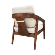 Vastag ülőpárnás kialakítású, masszív, pácolt és lakkozott mindifából készült formatervezett design fotel.