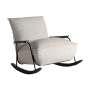 Bézs színű zsenília szövettel kárpitozott, formatervezett design hintaszék.