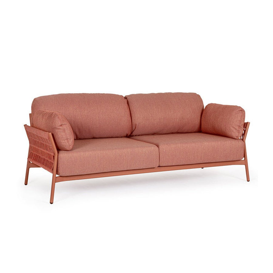 Kétszemélyes, kortárs stílusú, korallszínű kültéri, kerti kanapé.