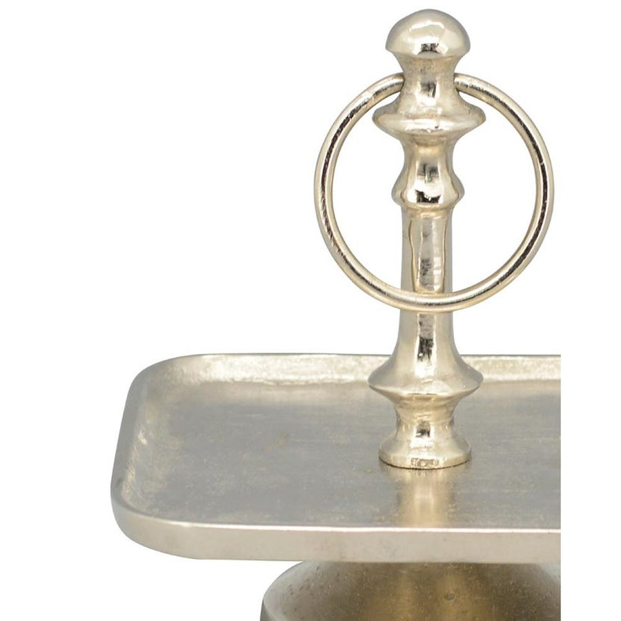 Galmour stílusú, szögletes formájú, ezüstszínű, egyszintes, fém süteménykínáló állvány