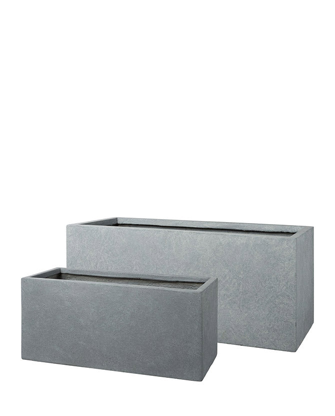 Fagyálló műgyantából készült, modern kortárs stílusú, beton hatású, antracitfekete színű kültéri ültetőláda szett .