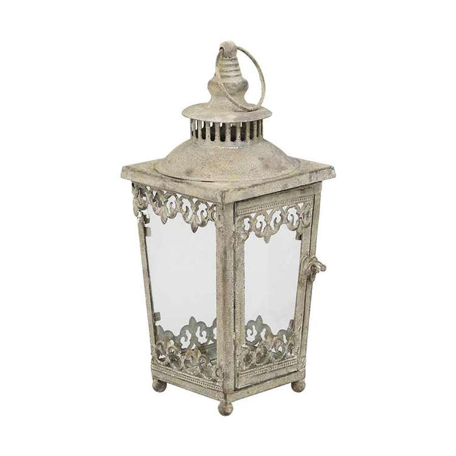 Antik szürke színű patinás fémből készült, 36 és 46 cm magas dekoratív fém lámpásszett