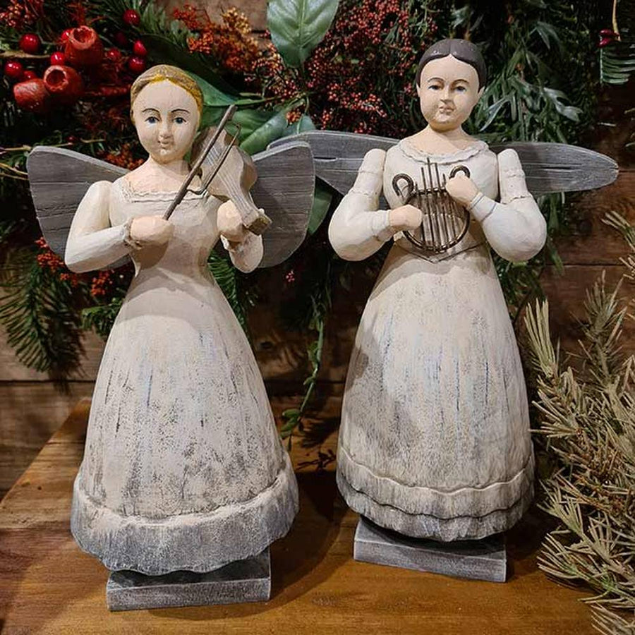 Rusztikus vidéki stílusú,, fából faragott, hangszeres kézműves angyal szett.