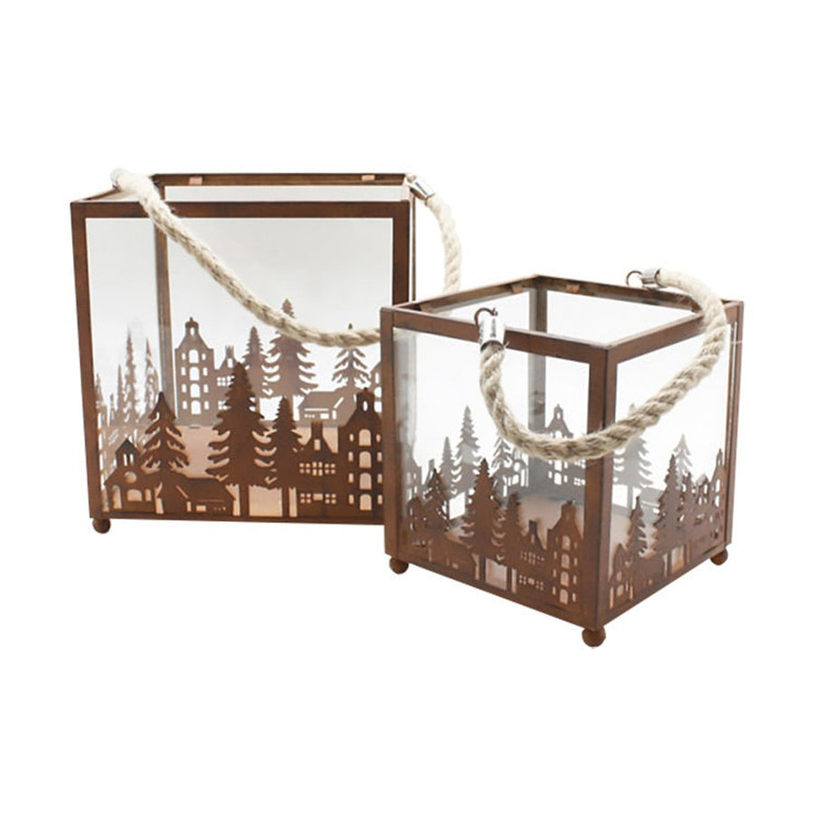 Vidéki rusztikus stílusú, antikolt rozsdás színű 2 darabos karácsonyi sziluettes fém lámpásszett