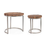 Loft stílusú, újrahasznosított fából és acélból készült, kétrészes, kör alakú dohányzóasztal szett.