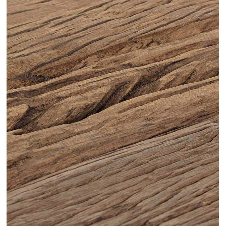 Loft stílusú, fából és acélból készült dohányzóasztal szett asztallap részlete.