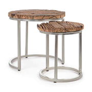 Loft stílusú, újrahasznosított fából és acélból készült, kétrészes, kör alakú dohányzóasztal szett.