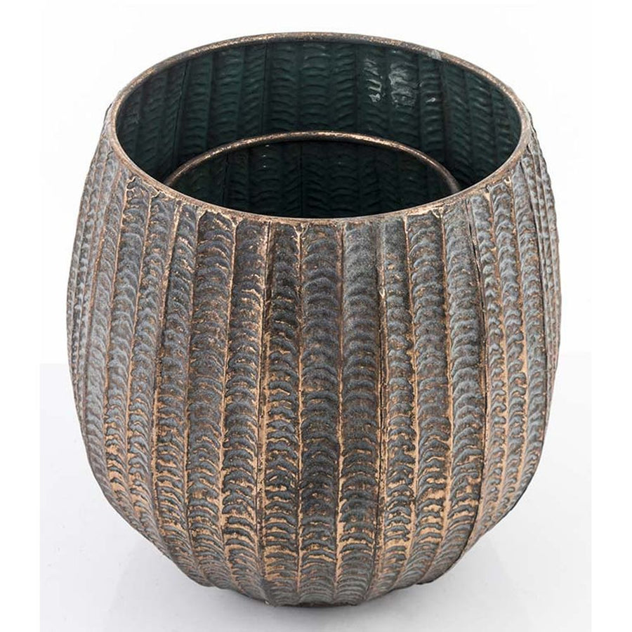 Kortárs, modern stílusú, dombormintás felületű, réz színű, nagyméretű 2 darabos fém kaspószett