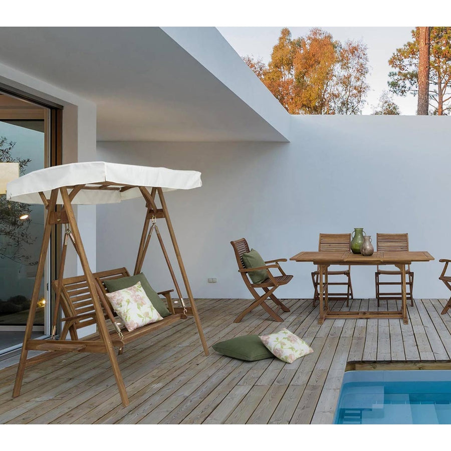 Akácfából készült, 185 cm hosszú és 188 cm magas, kétszemélyes kerti hintaágy.