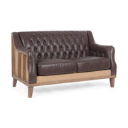 Loft stílusú, sötétbarna bőrrel kárpitozott kőrisfa kanapé.